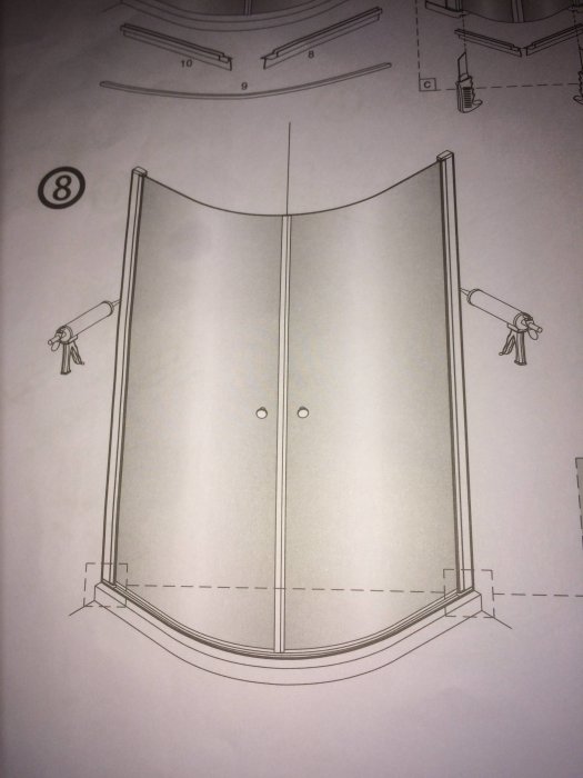 Instruktionsbild för montering av duschdörrar med betoning på tätningssteg med silikon.