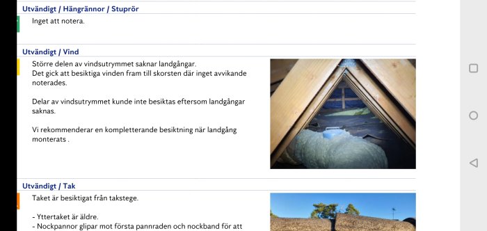 Interiörbild av ett vindsutrymme med synliga takbjälkar och isoleringsmaterial, utan gångbrädor.