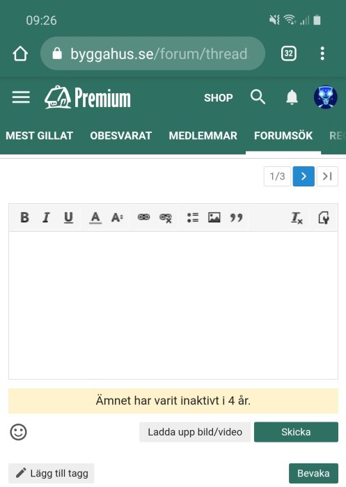 Skärmdump av ett diskussionsforum med textredigeringsverktyg och meddelandet "Ämnet har varit inaktivt i 4 år".