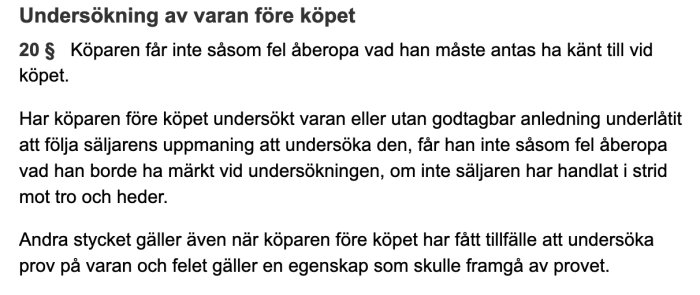 Textutdrag från konsumentköplagen som beskriver regler för undersökning av vara före köp.