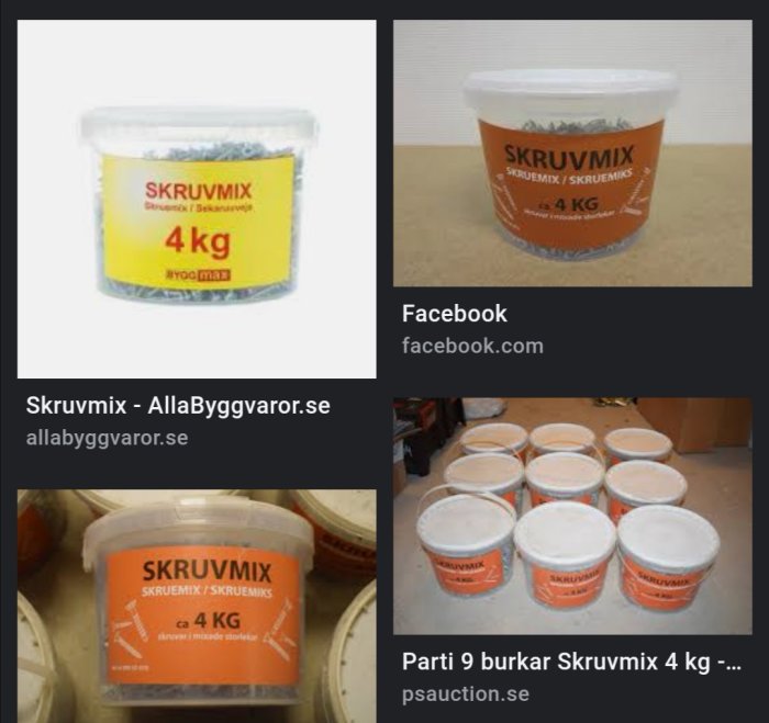 Fyra bilder på hinkar märkta "Skruvmix" i olika vinklar och mängder, innehållande blandade skruvar på 4 kg.