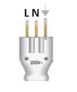 Eluttag med tre poler märkt med "250V" och symboler för Liv, Neutral och Jord.