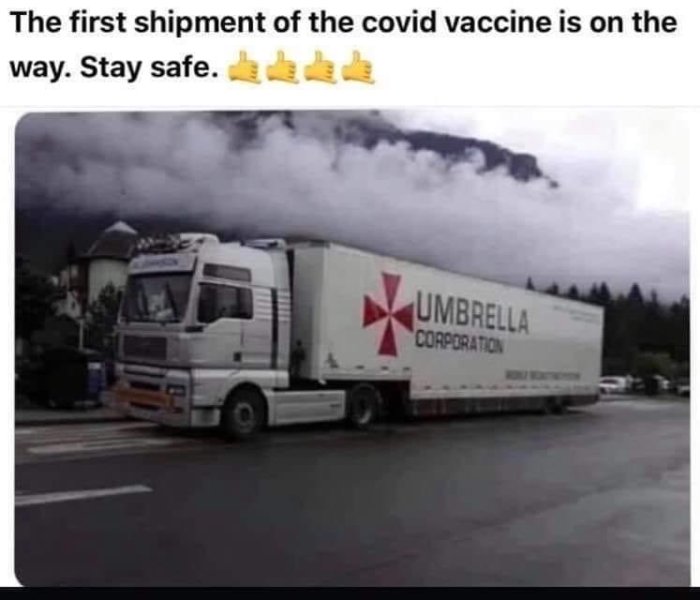 Lastbil med "Umbrella Corporation"-logga som skämtsamt antyder att vara första leveransen av covid-vaccin.
