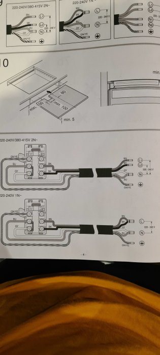 Installationsdiagram för en spishäll med anvisningar för 1- och 3-fasanslutning, samt installationsmått.