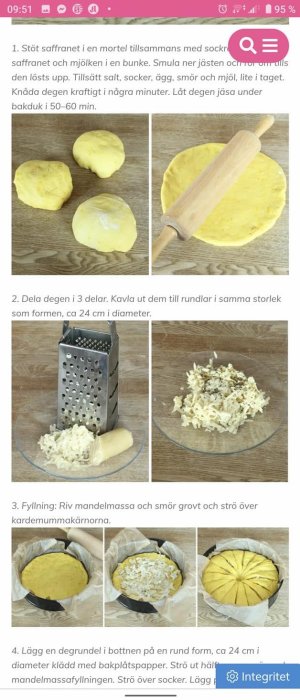 Instruktionsbilder för bakning med saffransdeg, kavling, rivning av mandelmassa och fyllning av kaka.
