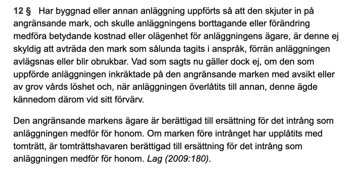 Skärmdump av jordabalkens 3 kapitel, paragraf 12, om regler för byggnad som skjuter in på annan fastighet.