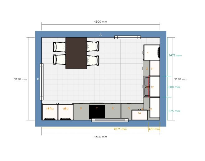 Planritning av kök med spishäll vid fönster och diskmaskin långt från matbordet.