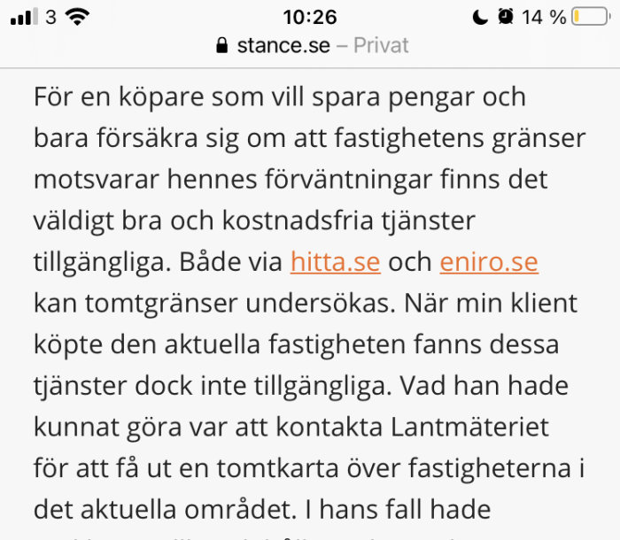 Skärmbild av en diskussionstråd om granskning av fastighetsgränser med hänvisning till hitta.se och eniro.se.