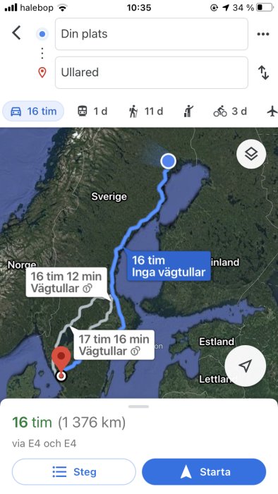 Skärmavbild av GPS-kartapplikation med ruttmarkering från Ullared, Sverige till nordlig destination.