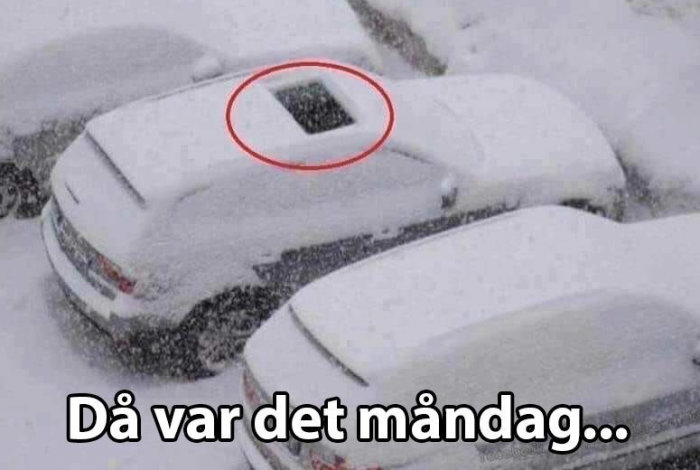 Bilar täckta av snö med synlig mobiltelefon på ett bil tak under rubriken "Då var det måndag...
