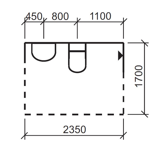 Ritning som visar avståndet 800 mm mellan centrum av WC-stol och handfat enligt Svensk Standard.