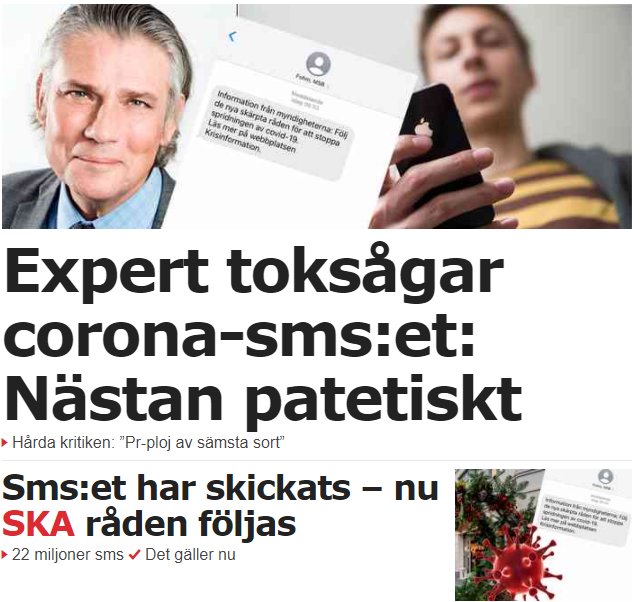 Artikel om kritik mot corona-SMS med en person som läser ett SMS och en förstorad bild av SMS:et.