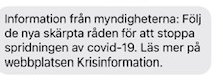 Skärmdump av SMS från myndigheterna med råd om att stoppa spridningen av covid-19.