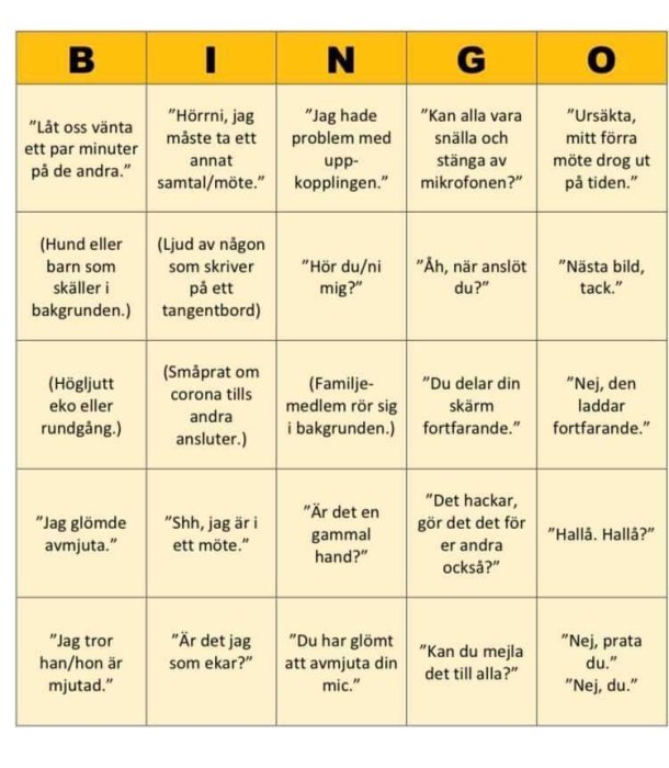 Bingo-kort med typiska fraser och situationer som kan uppstå under ett video- eller telefonmöte.
