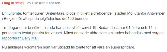 Skärmbild av en nyhetsartikel med text om en jultomte som potentiellt sprider covid-19.