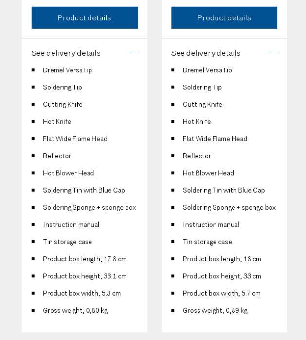 Jämförelse av två bilder som visar produktinformation för Dremel VersaTip med detaljerade specifikationer och dimensioner.