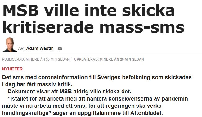 Skärmdump av en nyhetsartikel med rubriken "MSB ville inte skicka kritiserade mass-sms".