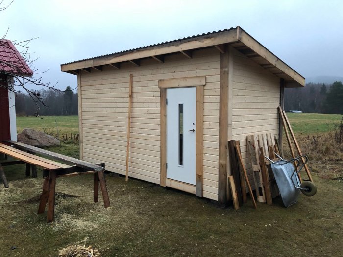 Ett nybyggt trähus med oskyddad timmeryttervägg och plåttak, bredvid uppställda brädor och en skottkärra.