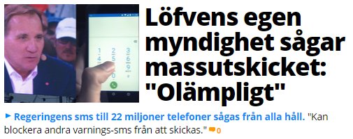 Man i kostym visar ett sms på en mobilskärm, med rubrik och citat ovanför.