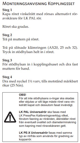 Monteringsanvisningar för kopplingsset med stegvisa instruktioner och varningar.