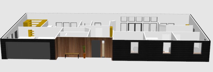 3D-modell av en enfamiljshus layout med öppet köksutrymme, entré och flera rum.