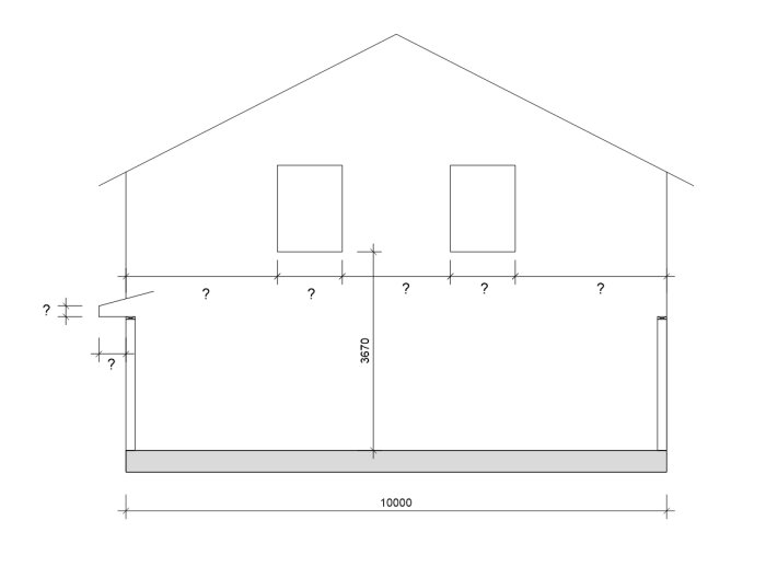 Teknisk ritning av husfasad med frågetecken som markerar okända mått, dimensioner angivna för längd och höjd.