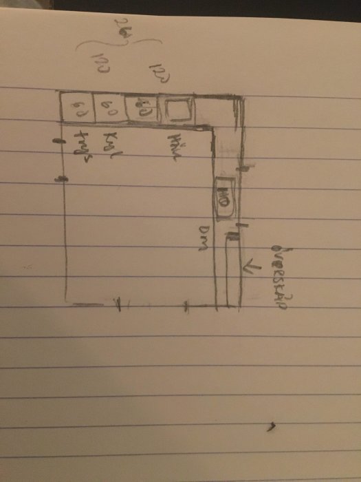 Enkel handritad skiss av kökslayout med bänkytor, diskho, spis och överskåp, markerat städskåp i hörnet.