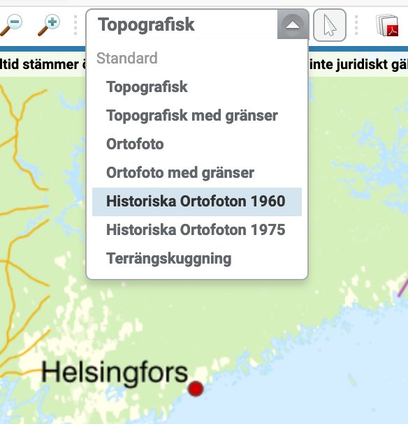 Dropdown-meny över karttyper på Lantmäteriets hemsida med alternativ för historiska flygfoton.