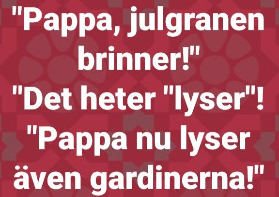 Text på rolig bild: Barn säger "Pappa, julgranen brinner!", vuxen svarar "Det heter 'lyser'" och barnet "Pappa nu lyser även gardinerna!".