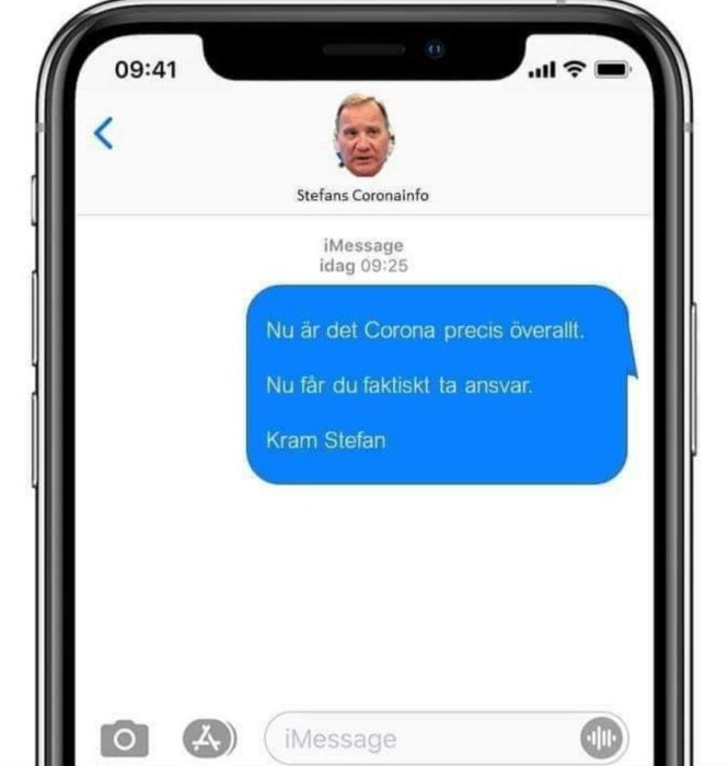 Skärmdump av en mobiltelefon som visar SMS-konversation om Corona med textmeddelande från Stefan.