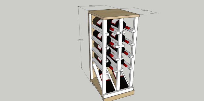 3D-modell av ett vinskåp med måttangivelser och utdragbara lådor fyllda med vinflaskor.