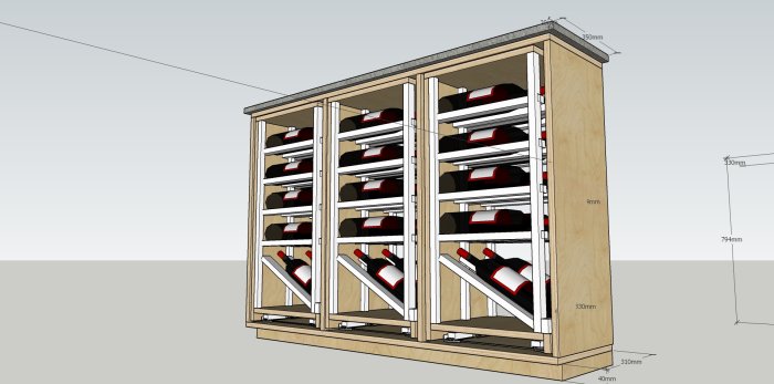 Planritning i 3D av ett vinskåp med utdragbara hyllor för flaskförvaring och måttangivelser.