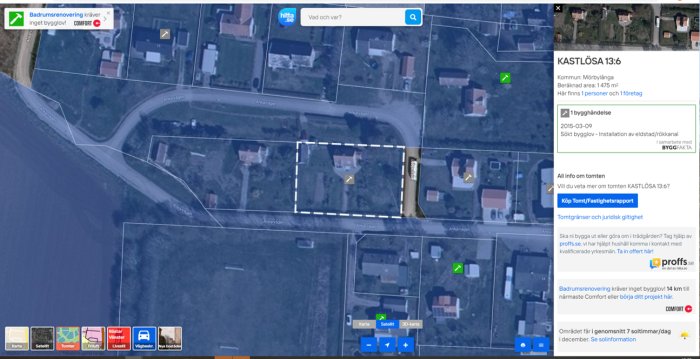 Satellitbild med markerade tomtgränser och en fastighets information från Lantmäteriets karta.