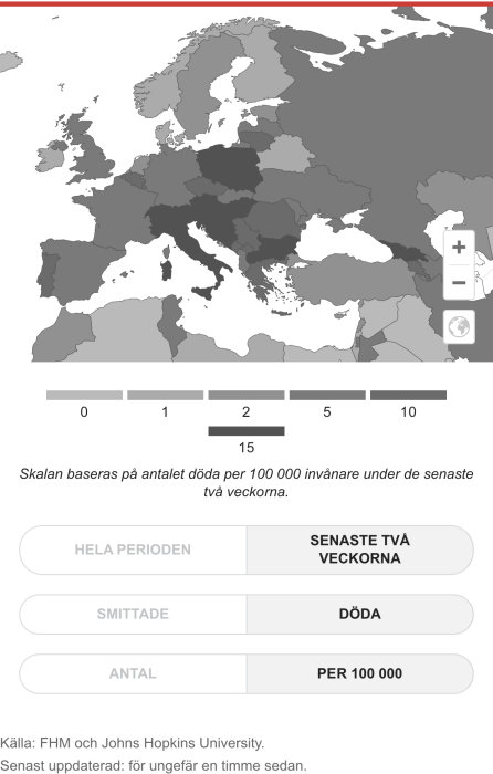 Karta över Europa som visar antalet döda per 100 000 invånare under de senaste två veckorna.