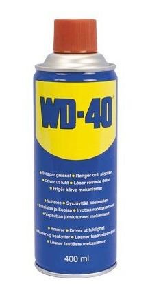 En WD-40 smörjsprayburk på 400 ml använd för att lösa upp fett och rengöra mekaniska delar.