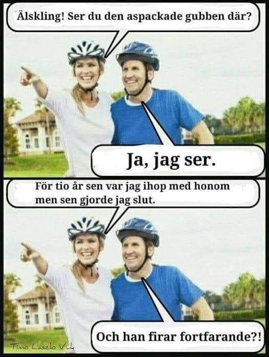 Två personer i cykelhjälmar pekar och skrattar, serietidningsstil med pratbubblor.