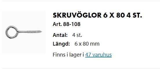 Produktbild av en skruvögla, information om storlek 6x80 mm och tillgänglighet i 47 varuhus.