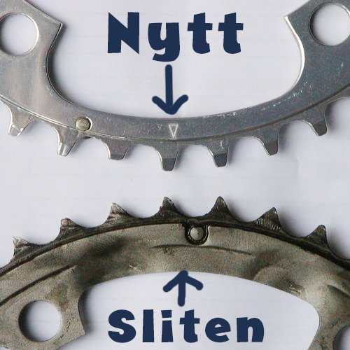 Jämförelse av två cykelkugghjul, ett nytt och ett slitet, ovanpå varandra med pilar och text som indikerar "Nytt" och "Sliten".