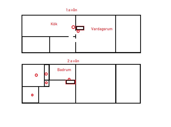 Schematisk planlösning av en våning med markerade frånluftsventiler och en skorsten.