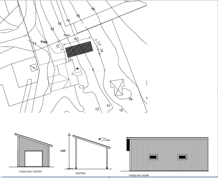 Arkitektritning av ett garage med pulpettak och måttangivelser vid en tomtplan.