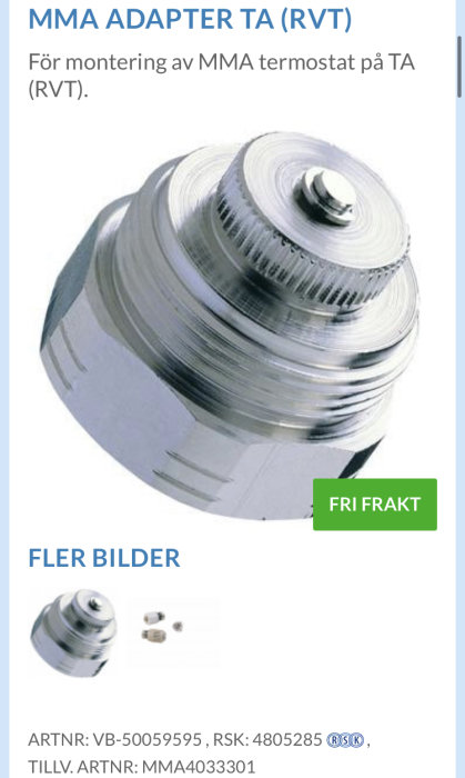 MMA adapter för montering av termostat på TA ventil, metallisk finish, med produktnummer och fri frakt märkning.