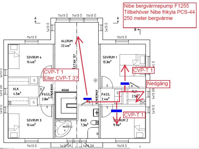 Ritning av en villa med markerade positioner för Evecos kylkonvektorer och anslutningar för Nibe bergvärmepump.