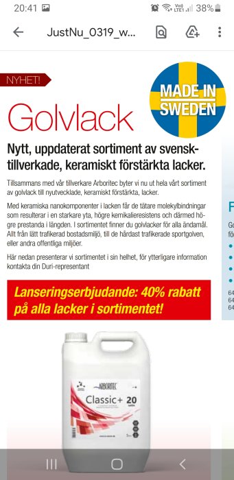 Annonssida för golvack med "Made in Sweden" märke, erbjudande om 40% rabatt och en produktflaska.