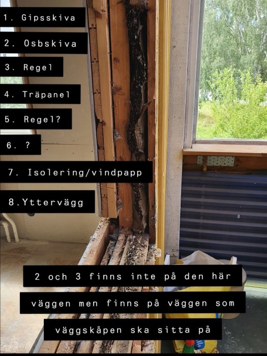 Öppnad vägg i ett renoveringsprojekt visar lager av gipsskiva, isolering och träpanel med beskrivande text för varje del.