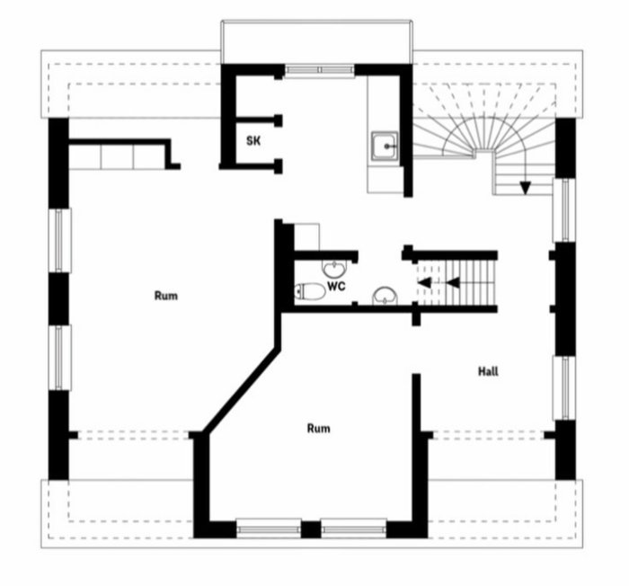 Svartvit ritning av ovanvåningens planlösning i ett 1930-talshus med positioner för sovrum, hall och möjlig placering av ett litet badrum.