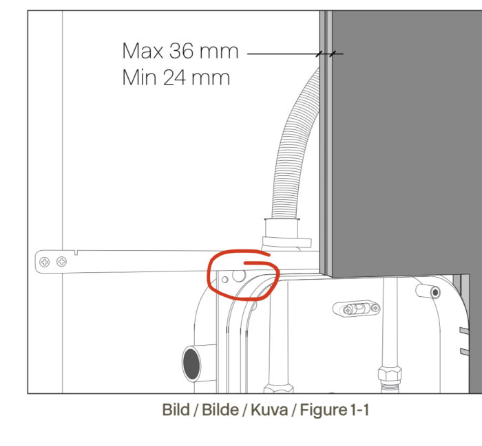 Illustration av en Tapwell inbyggnadsblandare modell 7268 som visar installation i plywoodvägg.