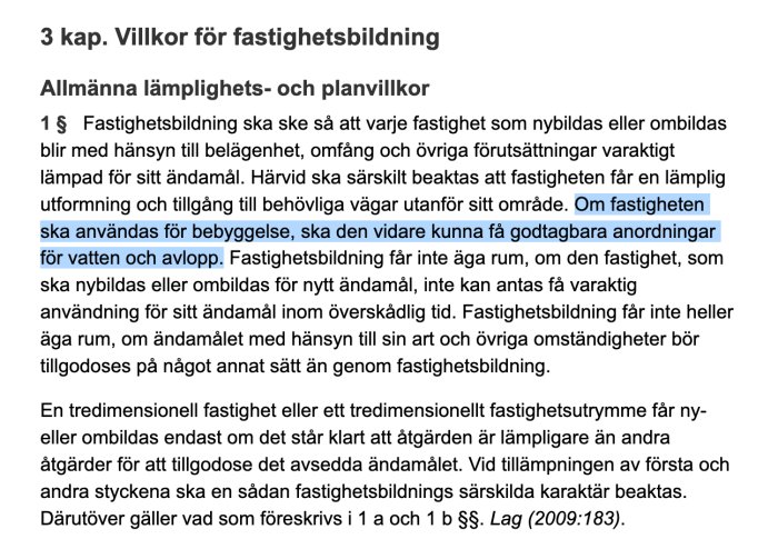 Textutdrag från fastighetsbildningslagen med fokus på krav för VA-anordningar vid tomtstyckning för bostadsbebyggelse.