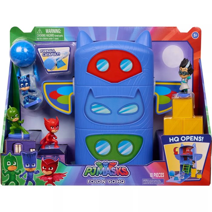 Förpackningen av PJ Masks Fold 'n Go HQ lekset med tre actionfigurer och tillbehör.