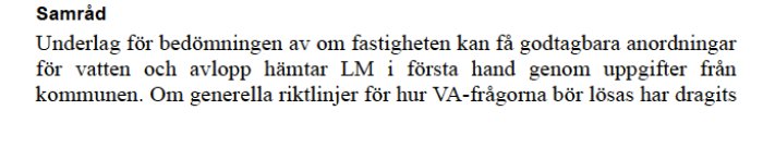 Skärmbild av text från en handbok som beskriver samrådsprocess för vatten och avloppshantering vid fastighetsstyckning.