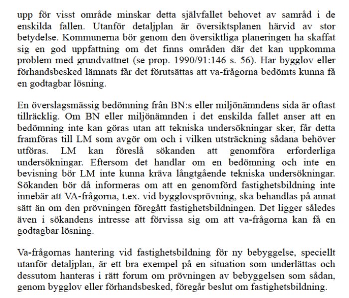 Skärmdump av en text om planeringsprocessen för fastighetsbildning och bygglov med fokus på VA-frågor och kommunens roll.